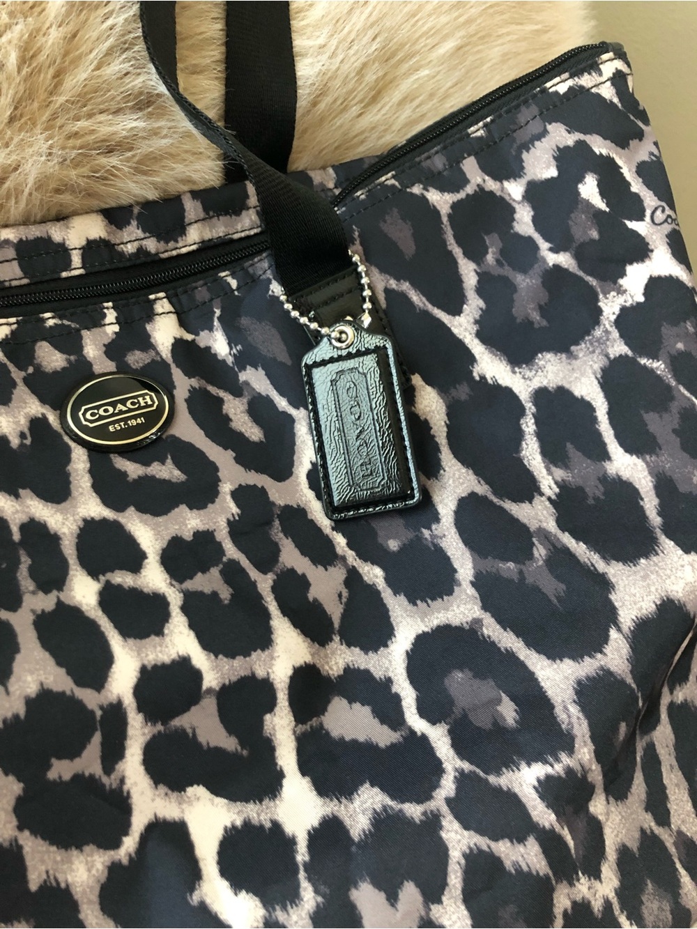 Coach Leopard-Print Nylon Travel Tote | Black, Gray, Taupe | NWT - Picture 6 of 11